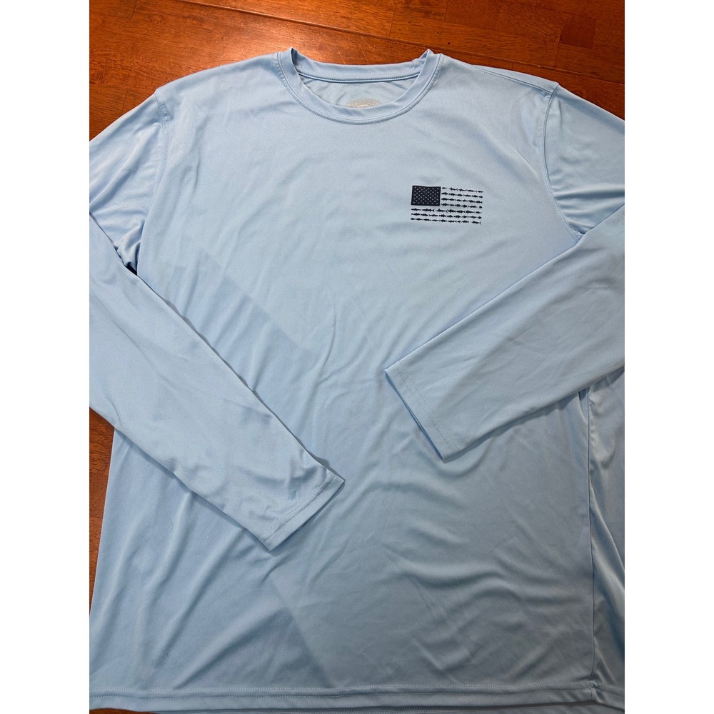 Vapor Apparel Performance Shirt Mens XL Light Blue Fish American Flag UPF 50+